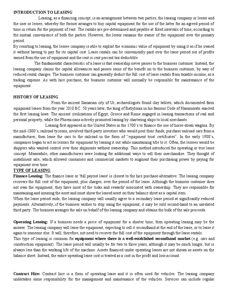 Introduction To Leasing Pdf Lease Credit Finance