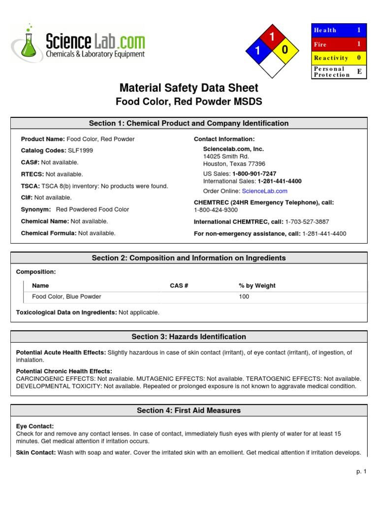Food Color, Red Powder MSDS Section 1 Chemical Product and Company