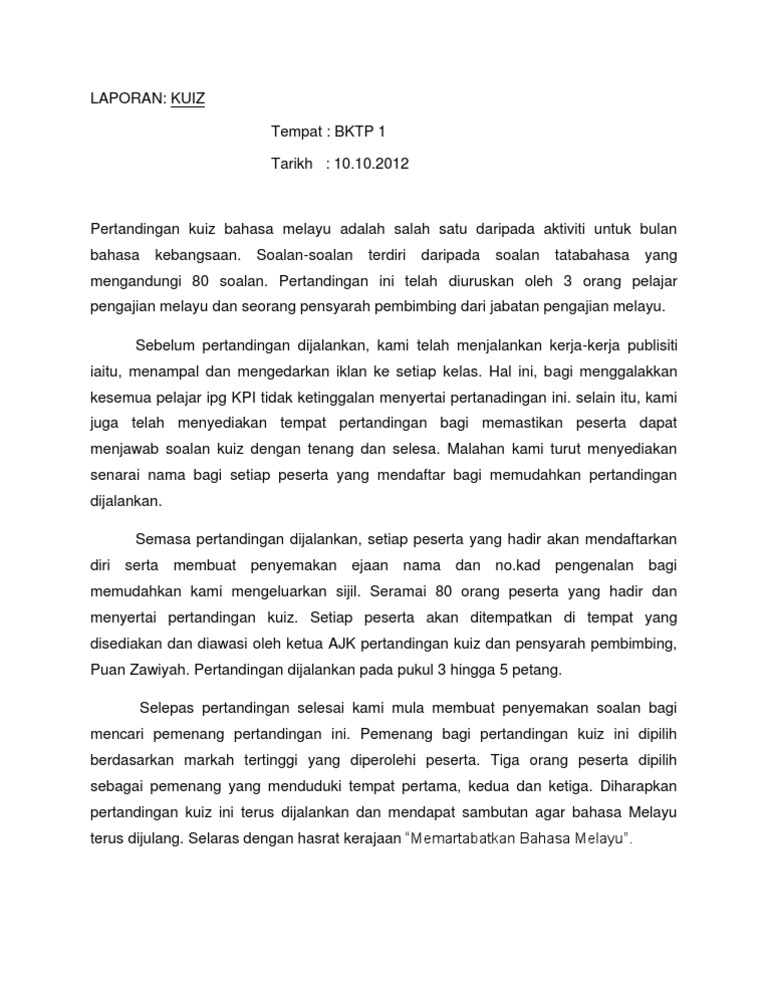 Contoh Laporan Pertandingan Kuiz