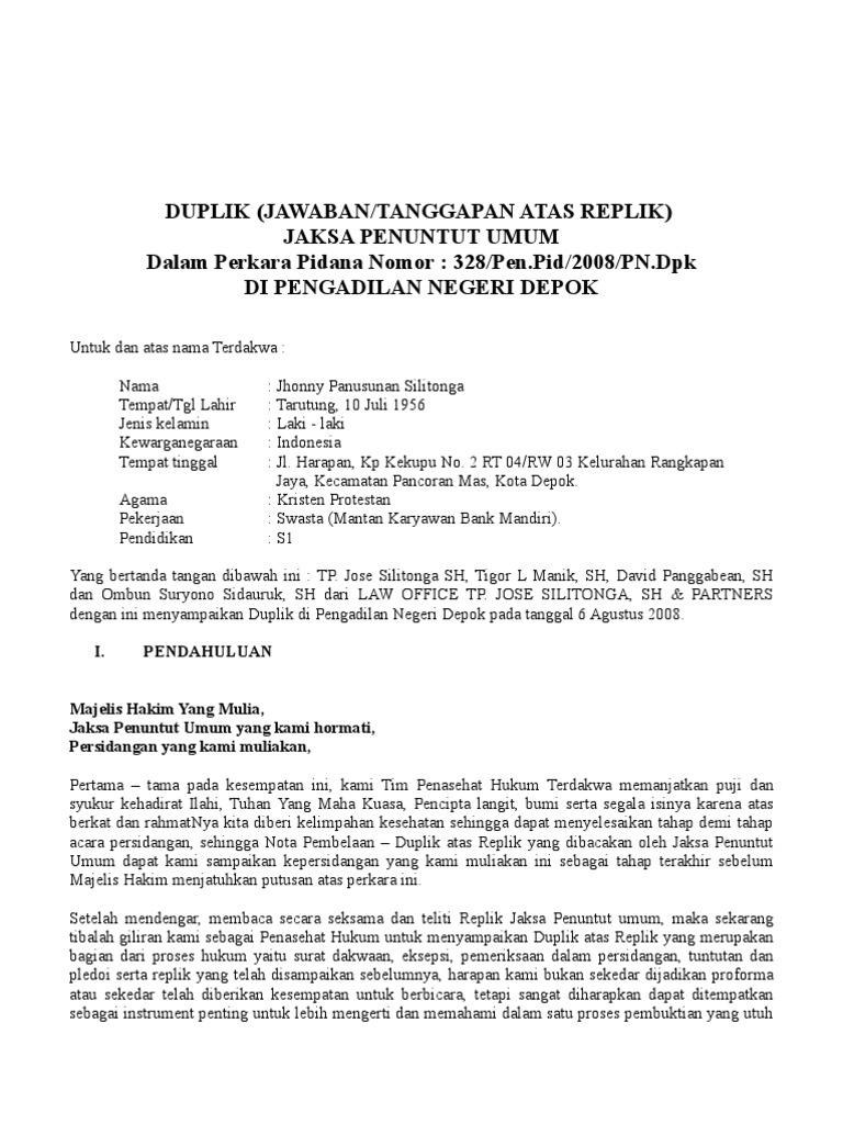 Duplik Pidana JPS | PDF