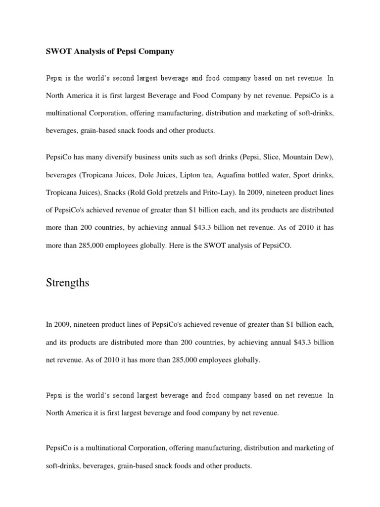 SWOT Analysis of Pepsi Company | PDF | Pepsi Co | Coca Cola