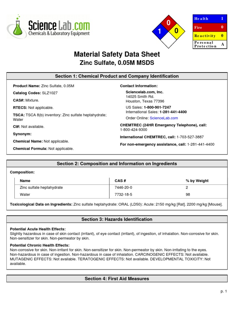 Msds Zinc Sulphate 0.05M Toxicity Biodegradation