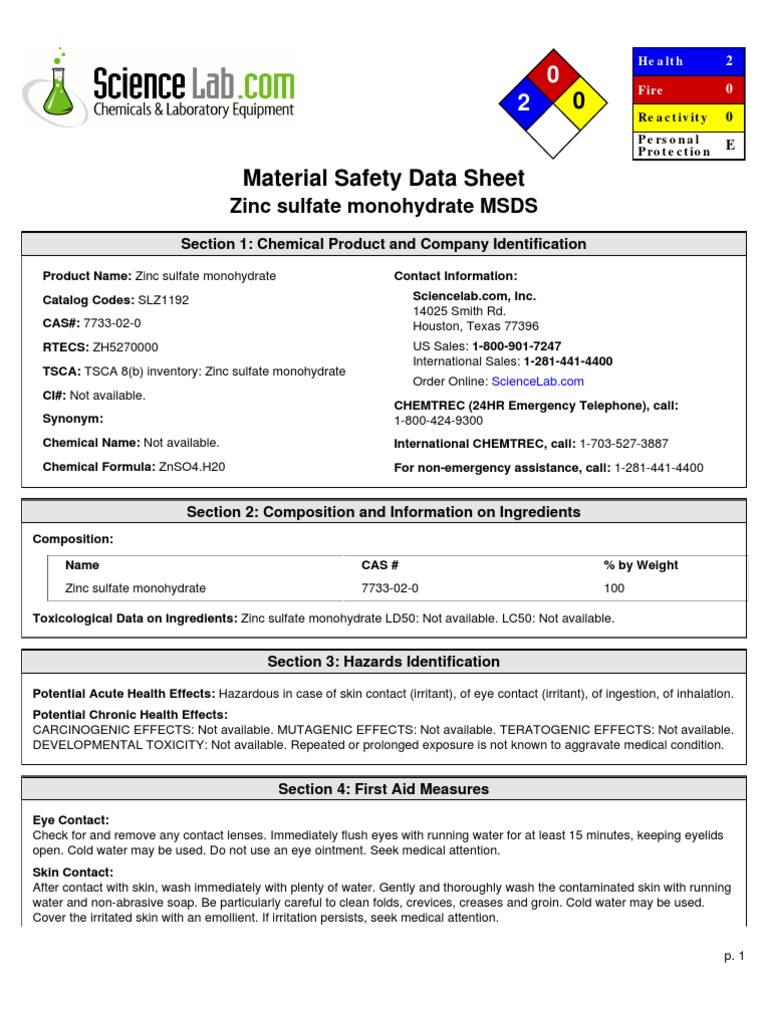 Msds Zinc Sulphate Toxicity Housekeeping