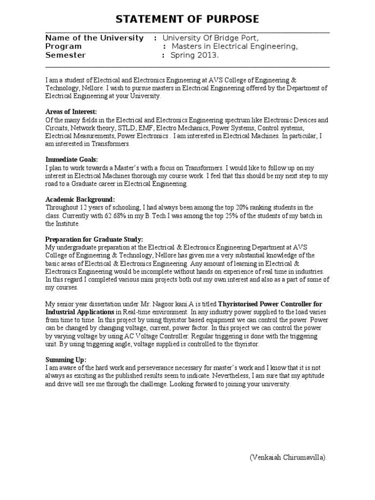 Sample SOP Electrical Engineering Engineering