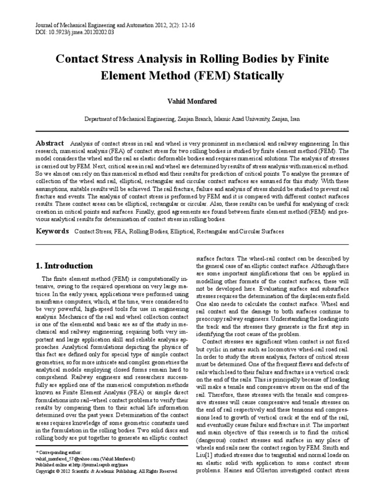 Contact Stress Analysis in Rolling Bodies by Finite Element Method (FEM ...