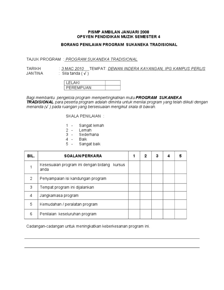 Contoh Borang Penilaian Program