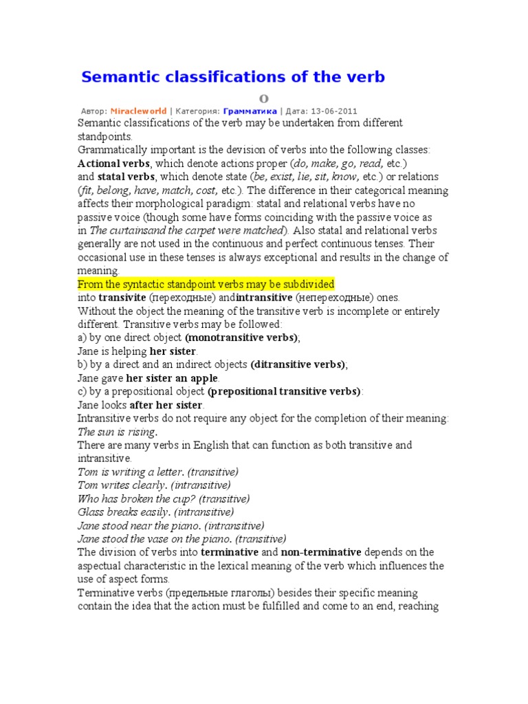 Semantic Classifications of The Verb | PDF | Object (Grammar) | Verb