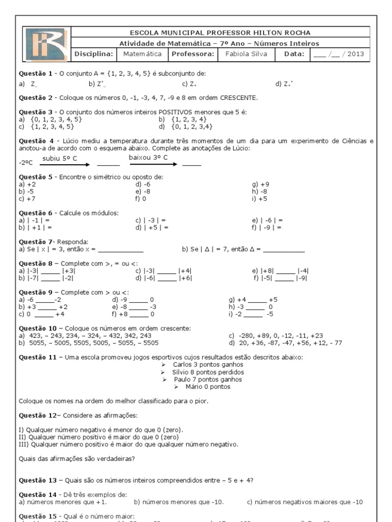 Atividade de Números Inteiros - 7º Ano | PDF | Conceitos matemáticos ...