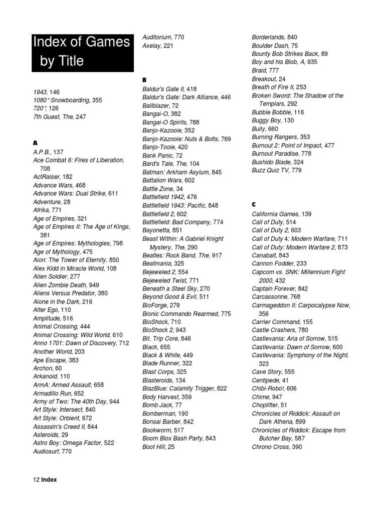 1001 Video Games - Index by Title p12-19 | PDF