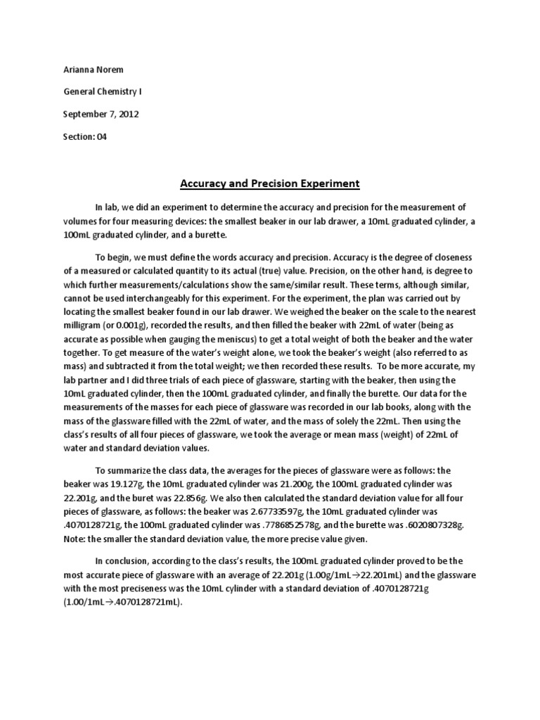 Part l Accuracy and Precision Lab Report Accuracy And Precision