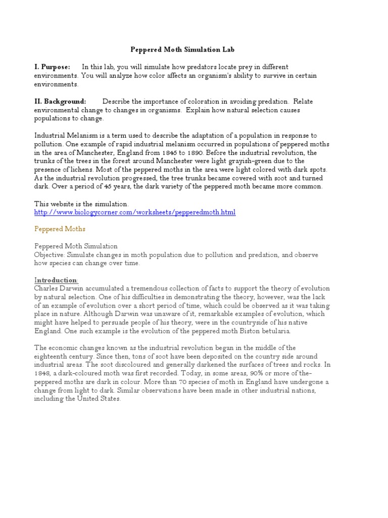 Peppered Moth Simulation Evolutionary Biology Biological Evolution