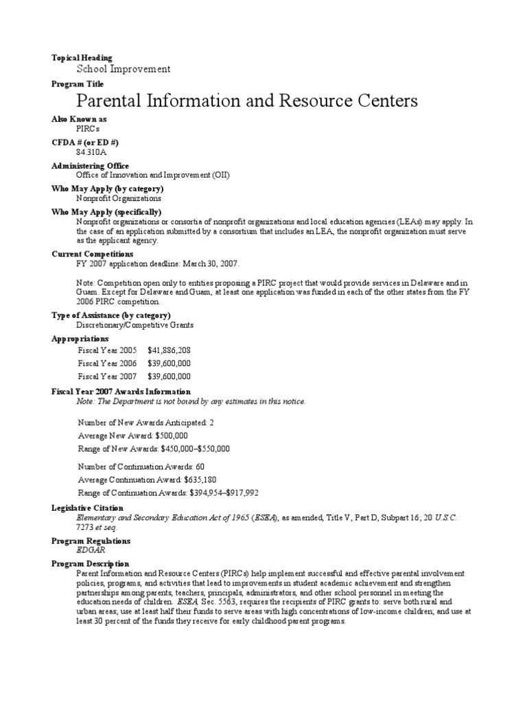 PIRC Grants for Parental Involvement | PDF | Career & Growth | Business