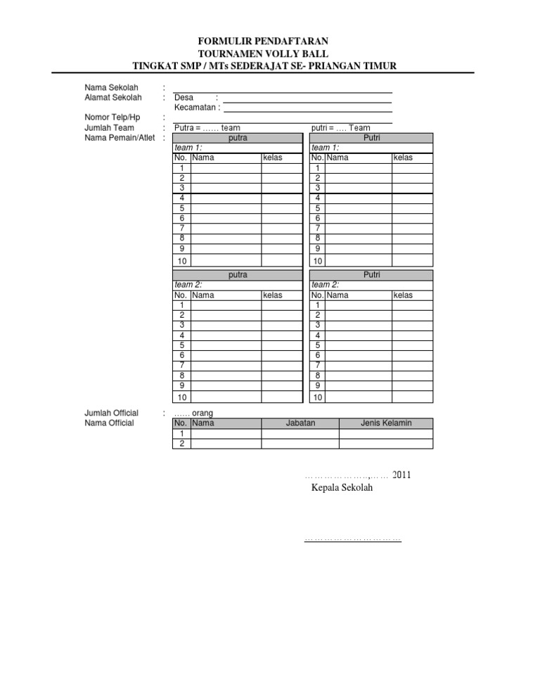Formulir Pendaftaran Volly Ball