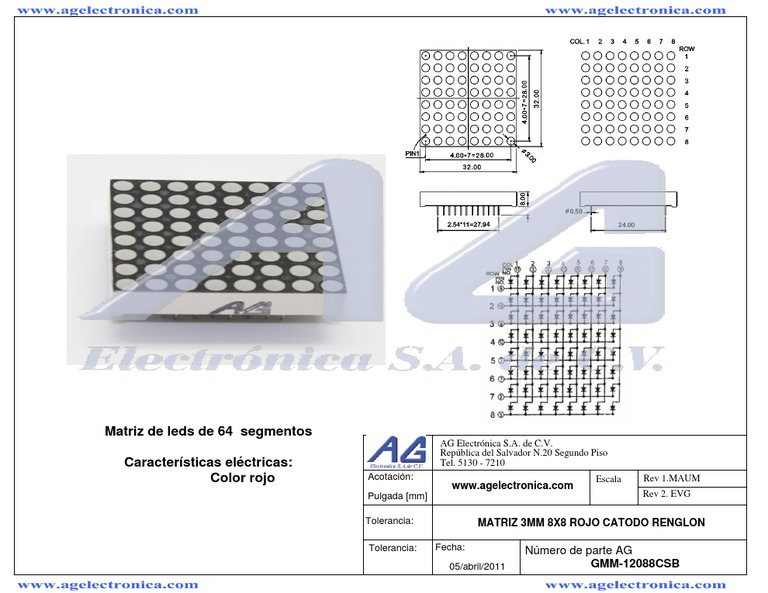 Matriz de LEDs de 64 segmentos de color rojo con especificaciones ...