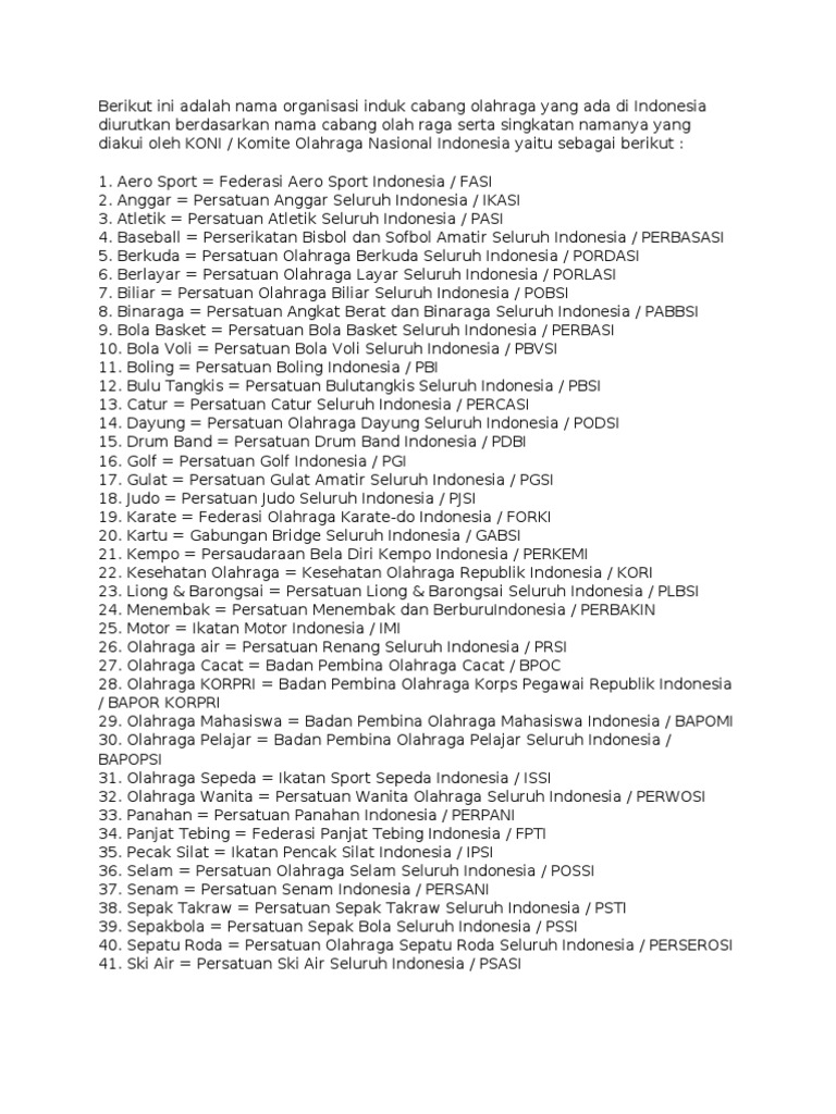 Berikut Ini Adalah Nama Organisasi Induk Cabang Olahraga Yang Ada Di Indonesia Diurutkan Berdasarkan Nama Cabang Olah Raga Serta Singkatan Namanya Yang Diakui Oleh Koni