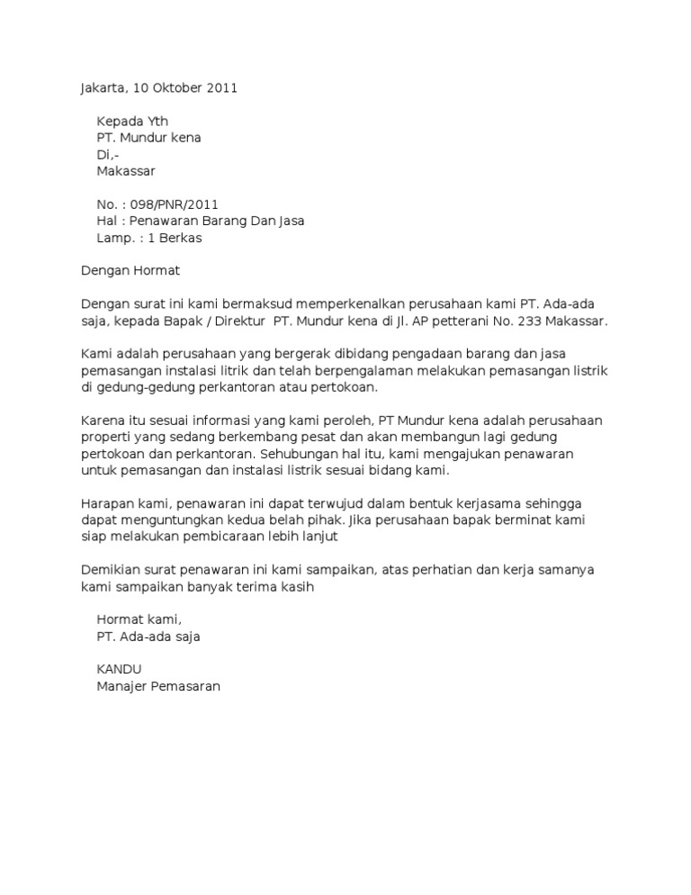 Contoh Surat Penawaran Barang Dan Jasa Pdf