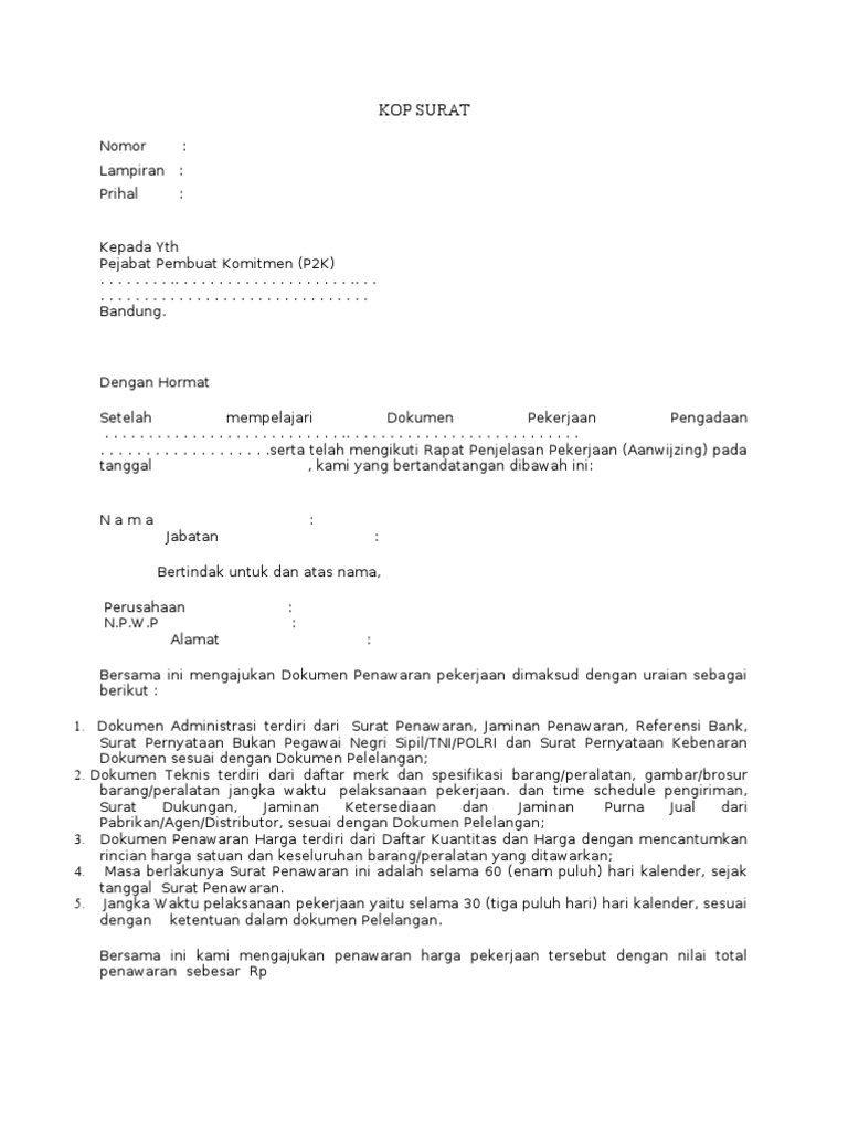 Contoh Surat Penawaran Harga Untuk Lelang