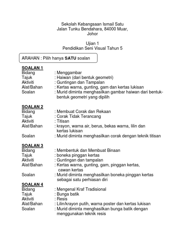 Soalan Pendidikan Seni Visual Tahun 5 PDF