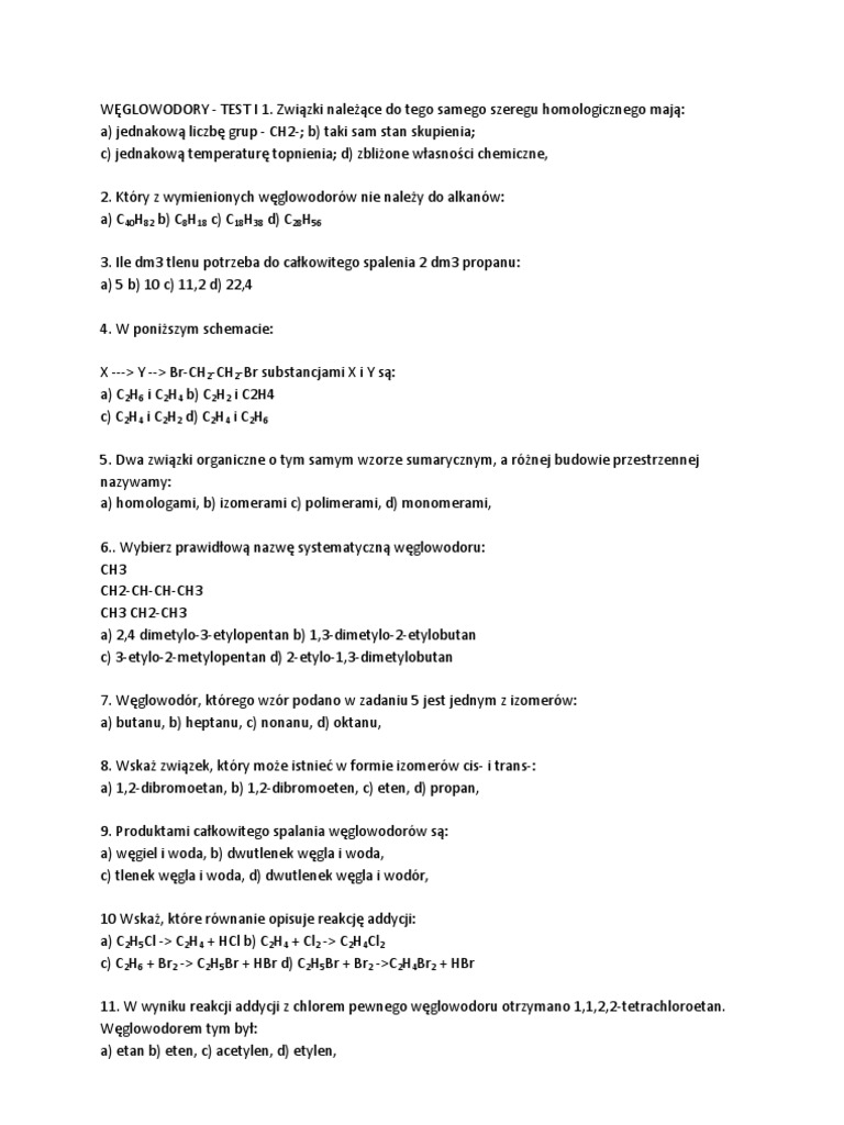 Test Z Chemii Klasa 8 Weglowodory