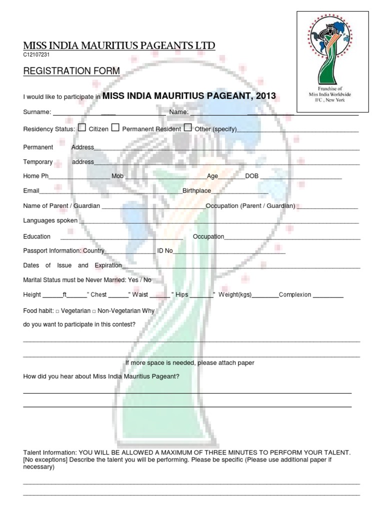 Miss India Mauritius Pageant 2013 Form | PDF | Passport | Birth Certificate