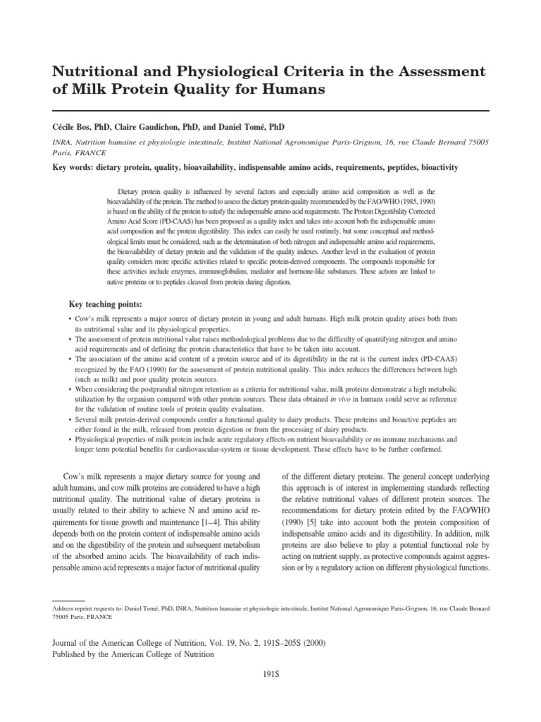 Nutritional and Physiological Criteria in The Assessment of Milk Protein Quality For Humans