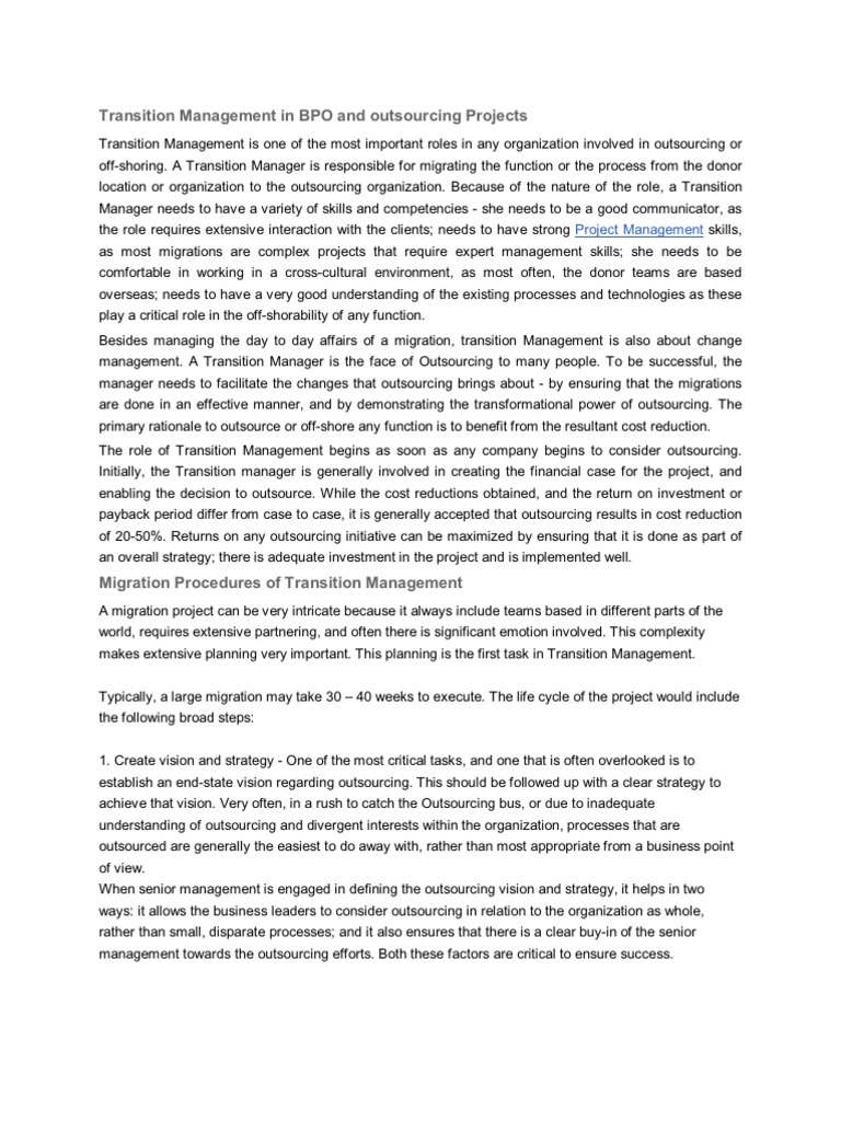 Transition Management Service Level Agreement Outsourcing
