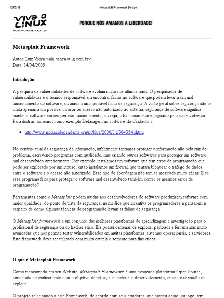 Introdução ao Metasploit Framework | PDF | Linux | Exploit (segurança ...