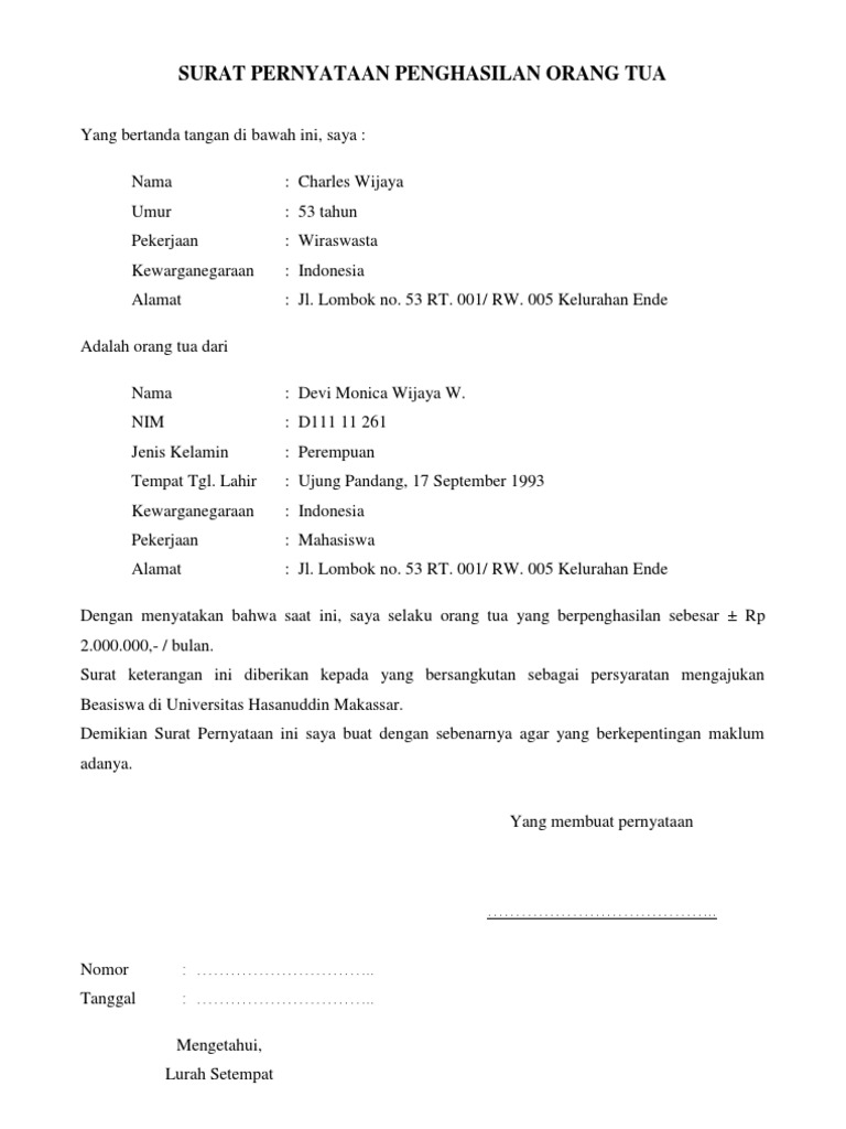 Contoh Surat Pernyataan Penghasilan Orang Tua  PDF