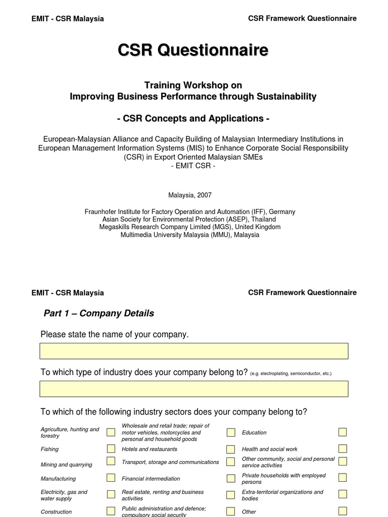 Annex3 CSR Framework Questionnaire Corporate Social Responsibility