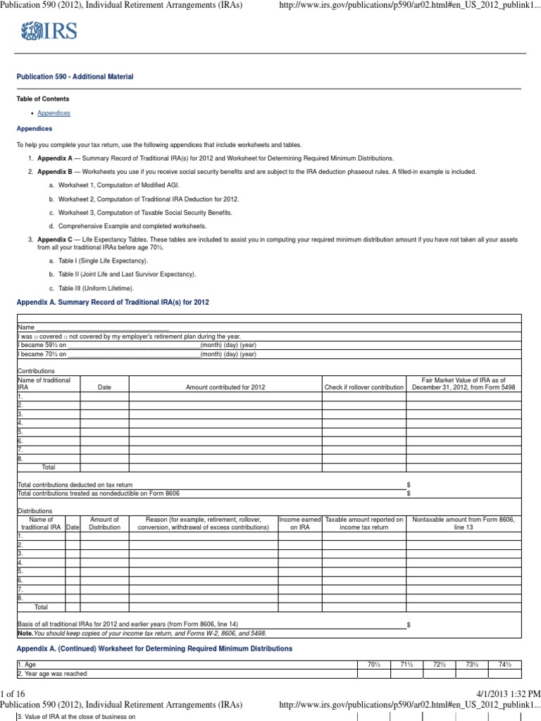 Publication 590 Appendix C, Individual Retirement Arrangements (IRAs
