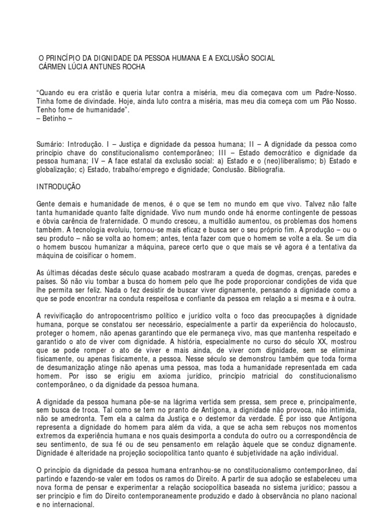 ANTUNES ROCHA, Carmen Lúcia. O Princípio Da Dignidade Humana e A ...