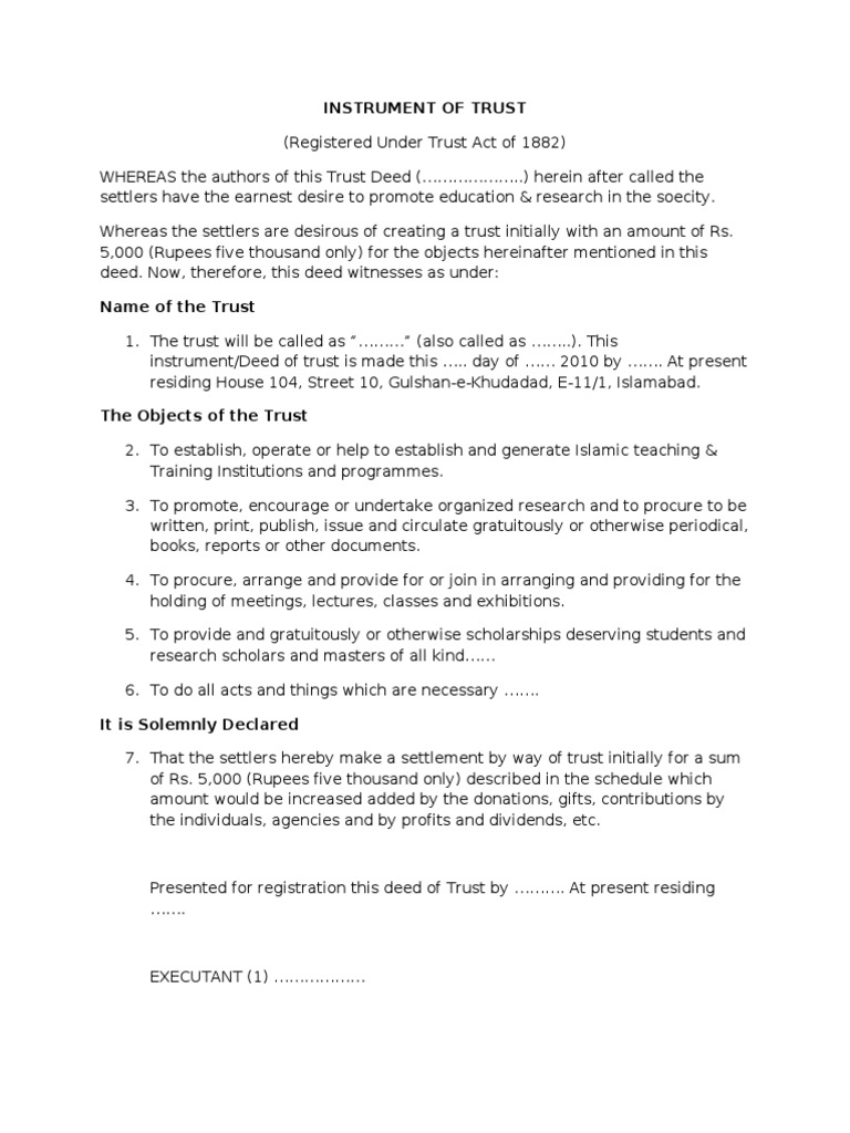 Instrument of Trust Trust Law Trustee