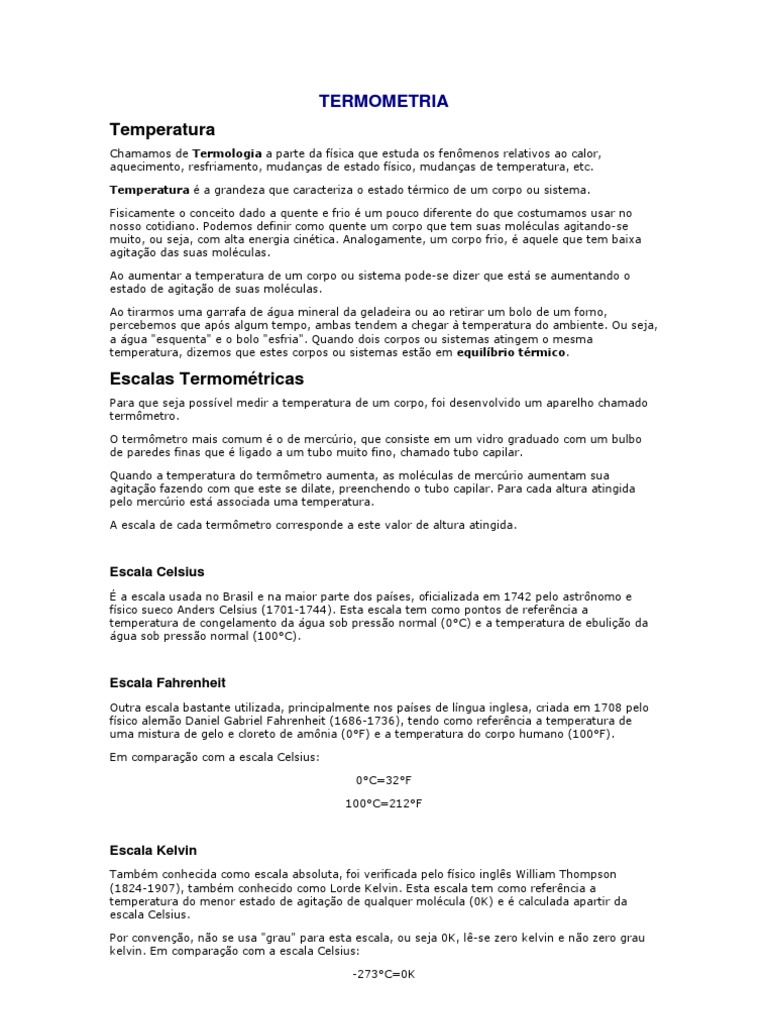 Termometria e Calorimetria: Fundamentos | PDF | Calor | Termômetro
