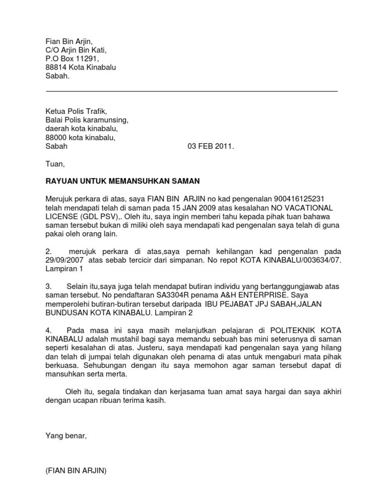 Contoh Surat Rayuan Saman Trafik Kenderaan Jabatan Dalam Word