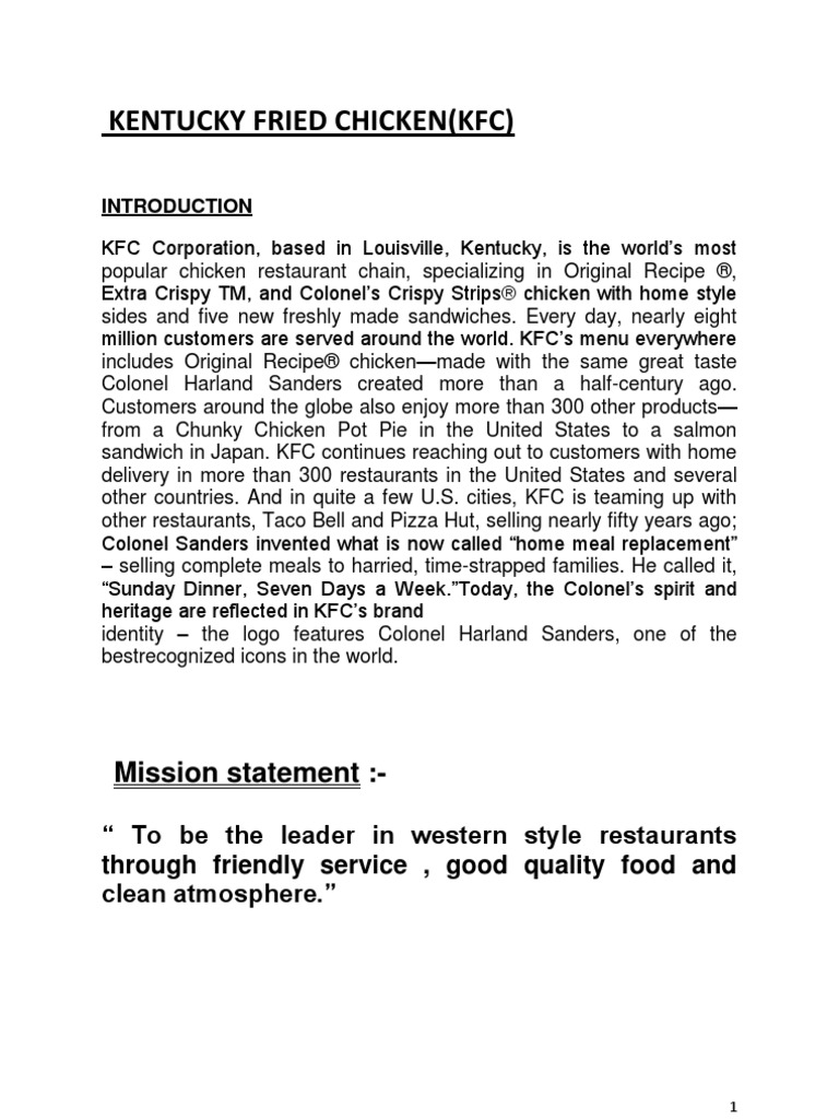Kentucky Fried Chicken(Kfc) Mission statement