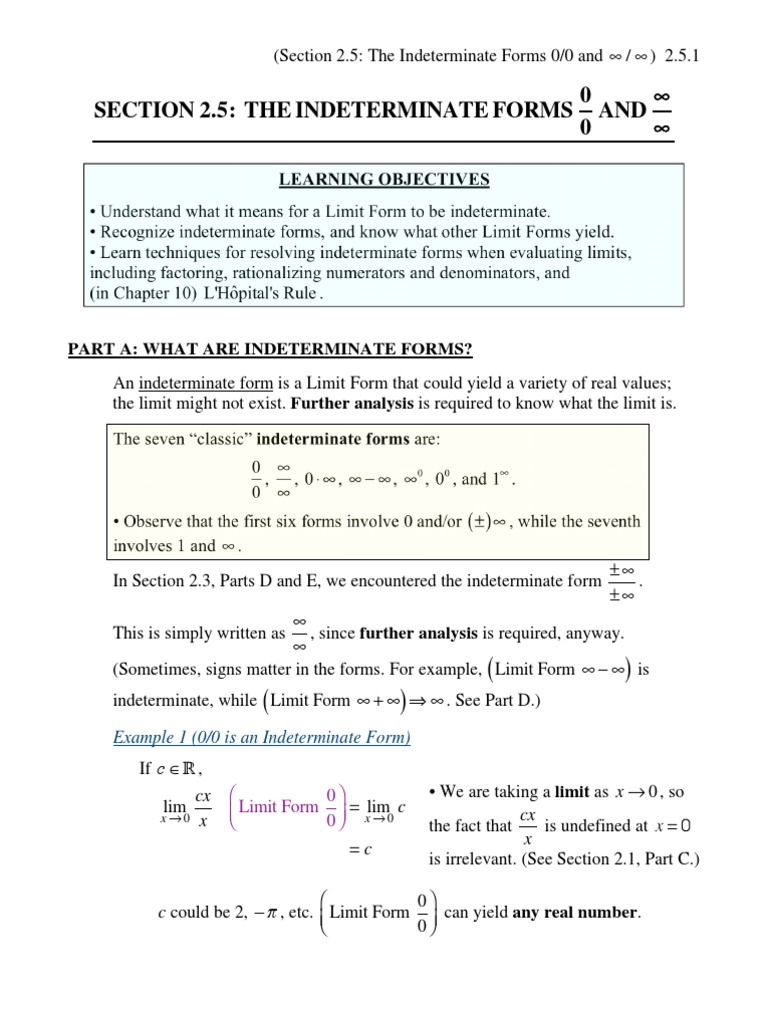 Section 2.5: The Indeterminate Forms 0 0 AND: Learning Objectives | PDF ...