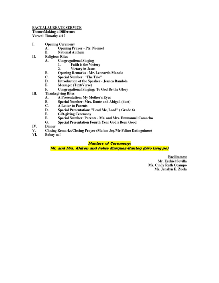 Baccalaureate Service Program Sample | PDF | Language Arts & Discipline ...