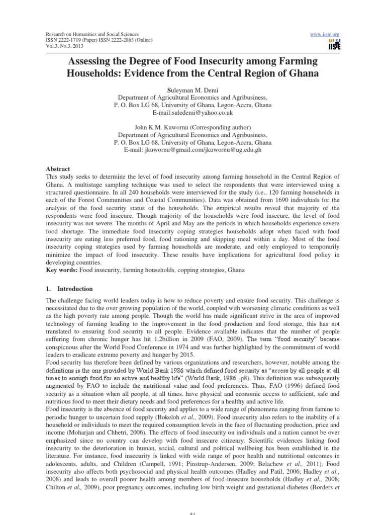 Assessing The Degree of Food Insecurity Among Farming Households ...
