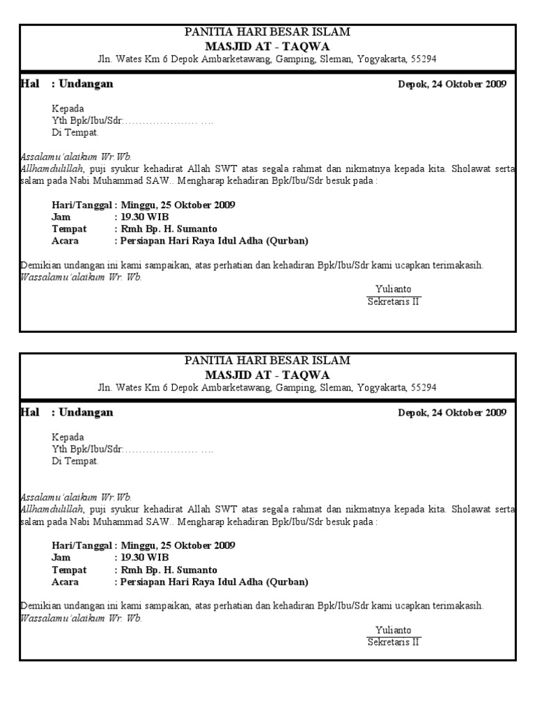 Contoh Surat Contoh Surat Undangan Rapat Idul Adha