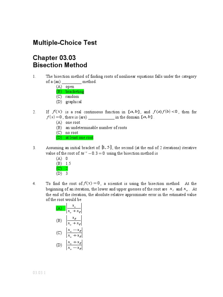 Bisection Method: Multiple-Choice Test | PDF | Teaching Methods & Materials