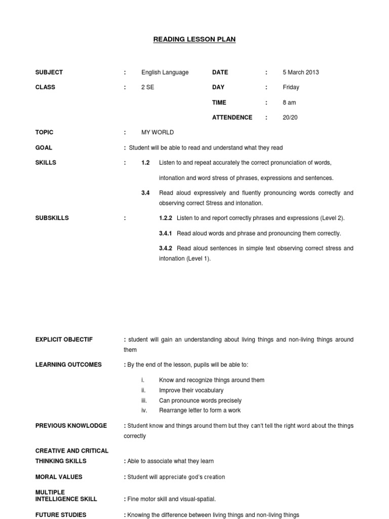 My World Reading Lesson Plan | PDF | Language Arts & Discipline