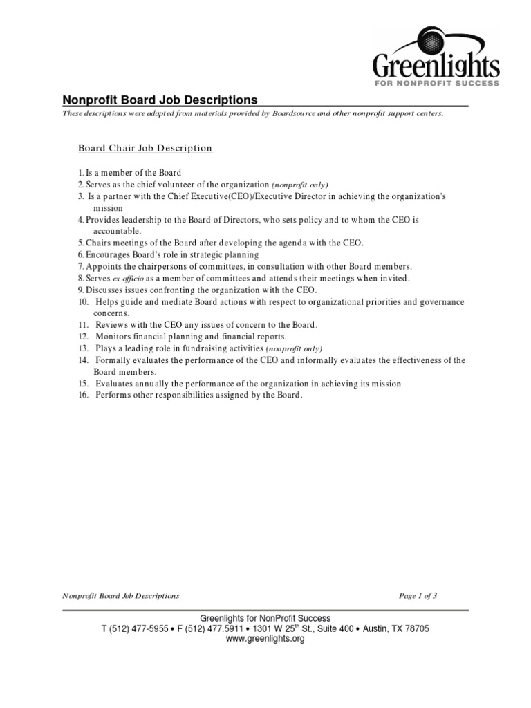 Board Job Descriptions PDF Chairman Board Of Directors