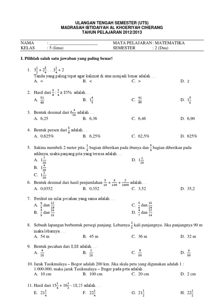 Soal Uts Matematika Kelas 5 Semester 2