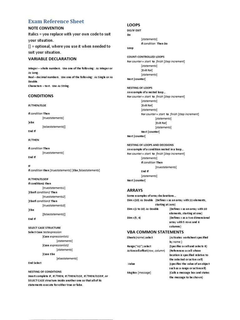 VBA Programming Reference Guide | PDF
