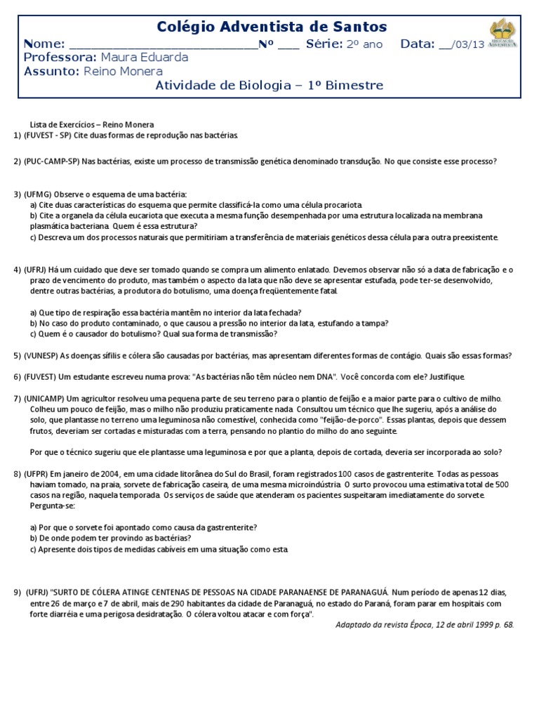 Reino Monera - 2ºs Ano | PDF | Bactérias | Plasmídeo