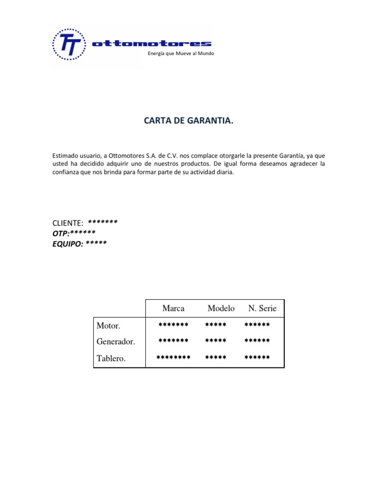Carta de Garantia  Motor diésel  Electricidad
