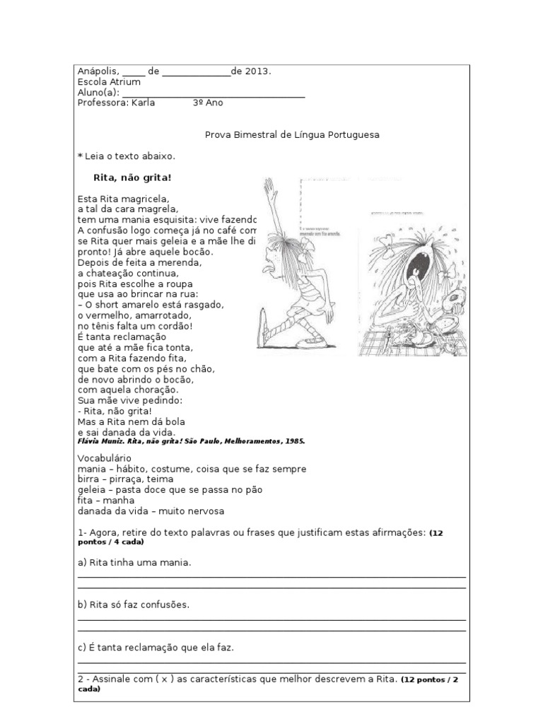 Avaliação de Língua Portuguesa 3º Ano 1º Bimestre | PDF | Sílaba ...