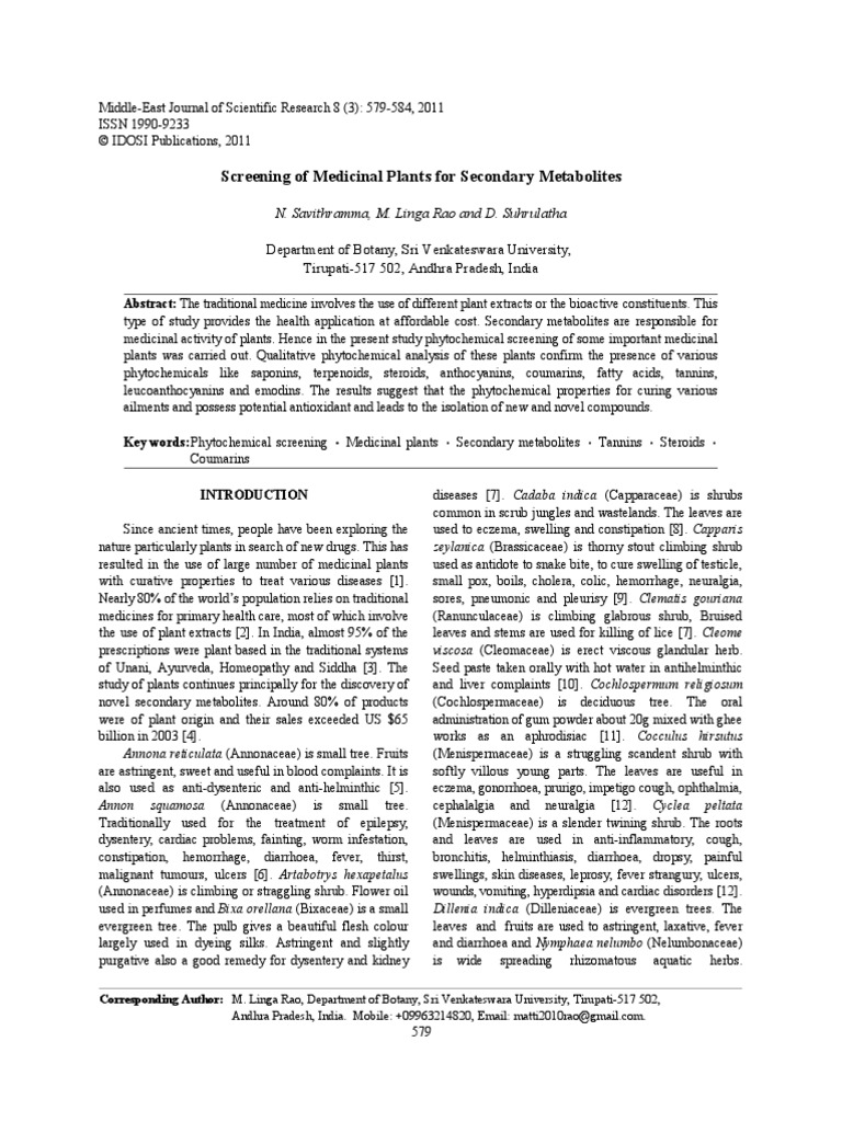 Screening of Medicinal Plants For Secondary Metabolites | PDF ...