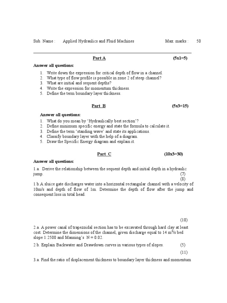 Applied Hydraulics Question Paper 1