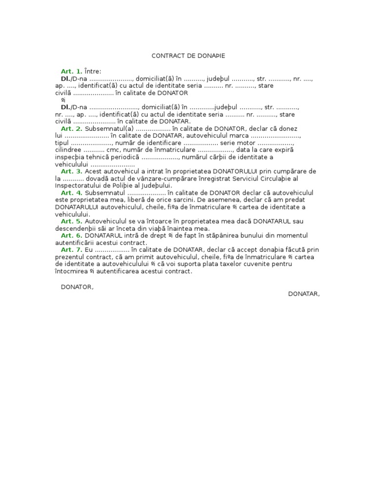 Contract De Donatie Autovehicul
